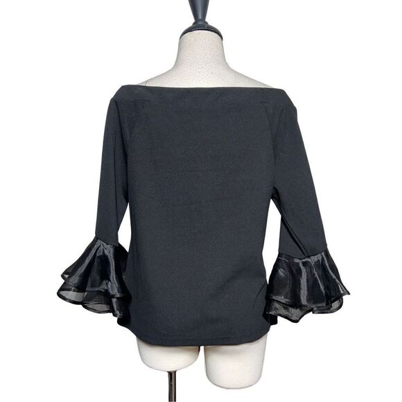 Essentials by Milano Black 3/4 Flutter Sleeve cold Shoulder Blouse M - Picture 2 of 3
